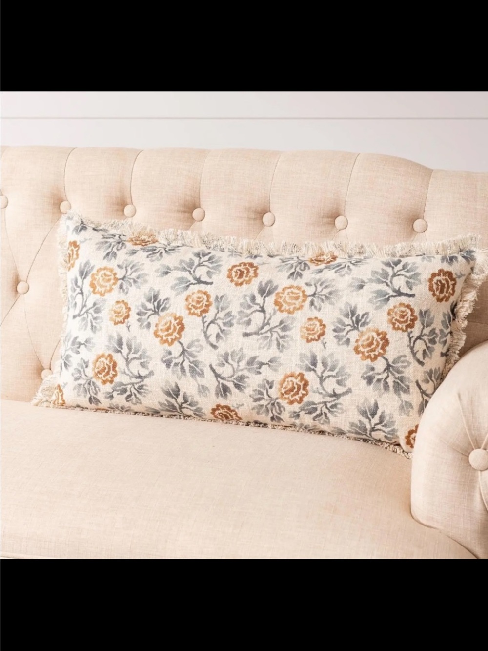 Floral Fringe Lumbar Pillow - Cream with Gold and Gray Floral Motif